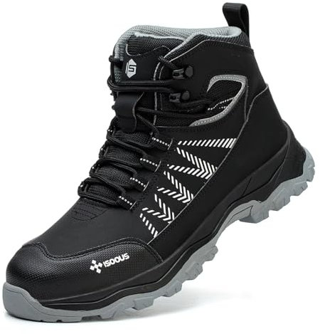 ISOOUS Arbeitsschuhe Herren Hoch Sicherheitsstiefel Damen Sicherheitsschuhe Leicht mit Stahlkappe Stahlkappenschuhe rutschfest Schwarz 44 EU