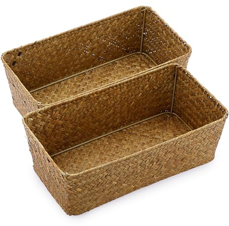 OLegei 2pcs boîtes de rangement panier de rangement en osier panier d’étagère corbeille tressé organisateur de table pour bureau, cuisine, comptoir (caramel, M)