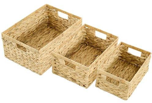 HOMCOM Set of 3 Wicker Storage Baskets, Woven Baskets with Handles, for Organizing, Storage Boxes for Shelves, Bedroom, Living Room, Bathroom, Natural Tone