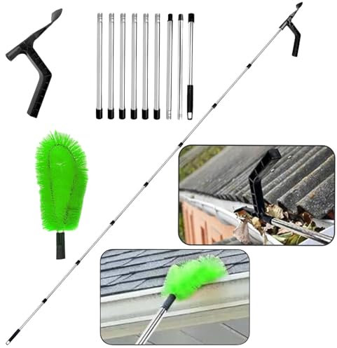 Gutter Cleaning Tools 351CM Telescopic Gutter Cleaner with 9 Poles, 1 Cleaning Brushes and 1 Cleaning Scraper, Gutter Cleaner for Easily Clear Roof Spider Web Leaves, Debris, Gutter, Hanging Light