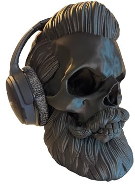 Gothic Gamer Skull Headphone Stand with Beard Design, Matte Black Finish