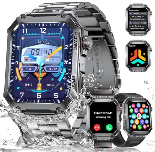 LIGE Montre Connectée Homme(3 Bretelles),1,96 Montre Tactile Connecté Militaire 100+ Modes Sportifs, 400mAh 5ATM Étanche,Moniteur Fréquence Cardiaque Podomètre Fitness Tracker Smartwatch iOS Android