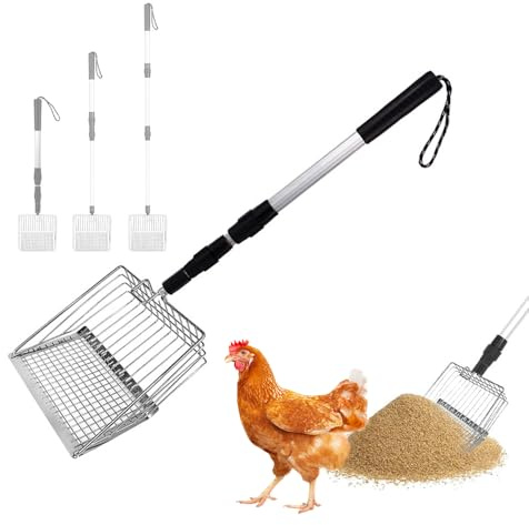 SKIKHN Pala para excavar pollos, pala colador para gallinero separación 57 – 106 cm, pala ajustable 3 en 1 de metal, gran accesorio para gallinero, pala extensible para gatos con mango largo