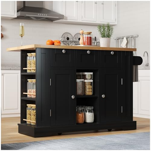 Wyibwy Mobile multifunzionale,132x87x70cm,isola da cucina,piano di lavoro pieghevole con cassetti,portaspezie,portasciugamani,5 rotelle,presa di corrente integrata,carrello da pranzo mobile,Nero