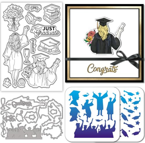 GLOBLELAND Abschluss Saison Klare Stamps und Metall Stanzschablone Abschlusszeit Frauen Silikonstempel Stanzschablone PET Malschablonen Für Kartenherstellung DIY Scrapbooking Bastelalben Zubehör