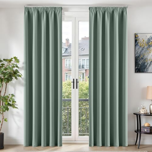 TOPICK Gardinen Vorhänge Verdunklungsvorhänge H245xB140 2er Set Salbeigrün | Gardinen mit Kräuselband Schlafzimmer Vorhänge Blickdicht Wohnzimmer Blackout Curtain Living Room Gardinen für Schienensystem