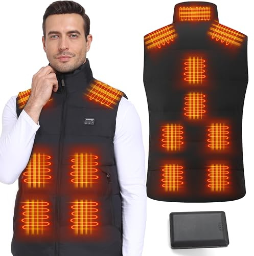 Baowenqier Mens Heated Vest with 15 Heat Zones Heated Gilet with 10000mAh Power Bank 3 Heat Settings Heated Body Warmer for Outdoor Ski Riding Hiking Motor