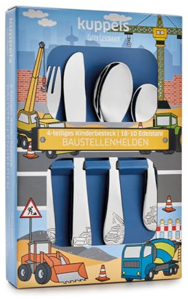 Kinderbesteck Set 4-teilig mit Motiv - personalisiertes Kinderbesteck – Namensgravur auf Messer, Gabel, Löffel & Kaffeelöffel – individuelles Geschenk zur Geburt, Taufe, Geburtstag (BAUSTELLENFREUNDE)