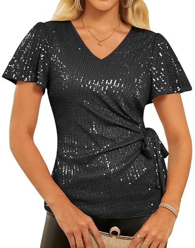 GRACE KARIN Sequin Tops for Women UK Sparkly Tunic T Shirts for Night Club Party Black M
