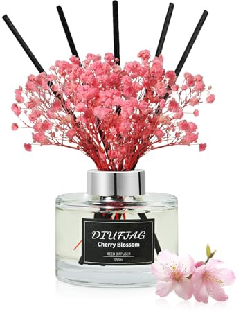 DIUFJAG Flor de Cerezo 150ml - Difusor de Aroma con 8 Varillas, Fragancia para el Hogar, Aroma de Caña, Ambientador para Dormitorio, Oficina, Baño, Estantería Decoración