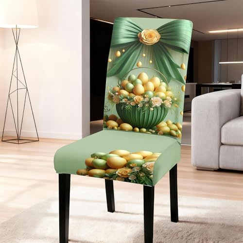 Hiseng Frühling Drucken Stuhlhussen, Frohe Ostern Abnehmbare Waschbar Hussen für Stühle, Stuhlbezüge für Hotel, Restaurant, Küche, Partys Deko (Grün,8 Stücke)