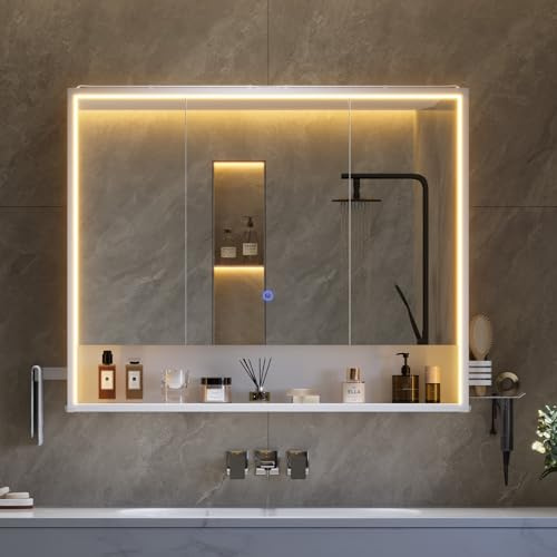 mojiasion 3-türiger Badspiegelschrank 90 cm breit mit LED-Beleuchtung, Steckdose & Touch-Sensor – 3 Lichtfarben dimmbar, inkl. Föhnhalter, Handtuchhalter & 4 verstellbaren Einlegeböden – Weiß