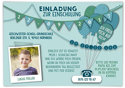 Kartenmachen.de Personalisierte Jungen Einschulung Einladungskarten (10 bis 100 Stück wählbar) erster 1. Schultag Einschulungskarten - Fahnen Girlande in Blau, eigenes Foto, festes Papier, DIN A6