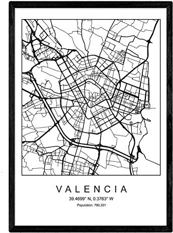 Nacnic Lámina mapa de la ciudad Valencia estilo nordico en blanco y negro. Poster tamaño A3 Enmarcado con marco negro Impreso papel 250 gr. Cuadros, láminas y posters para salon y dormitorio