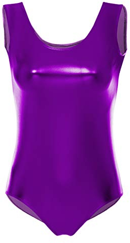 FYMNSI Damen Gl?nzende Ballettanzug Ballettbody Sport Tanz Body Gymnastikanzug Trikot ?rmellos Bodysuit Metallic Wetlook Einteiler Turnanzug Leotards Overall Lack Leder Oberteile Tops Kost?me Lila M