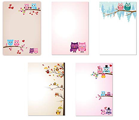 5 x 5 Blatt im Set Briefpapier Mix DIN A4 Eulenpapier gemischt (Eulen-5223)