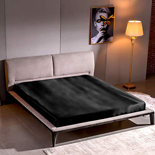 THXSILK Spannbettlaken Seide Bettlaken 140x200, 100% Reine 22 Momme Maulbeerseide Bettwäsche Spannbetttuch, Schwarz Seiden Bettlaken für Standardmatratze 30cm
