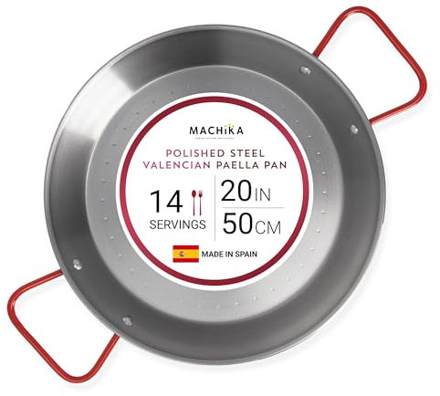 Machika Paellera Valenciana Pulida | Sartén de Acero al Carbono con 2 Asas| Ideal para Cocinar en Exteriores | Paellera Profesional para Preparar Paella, Carnes, Camarones y Más | 14 Porciones | 50 cm