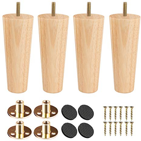 Btowin 6 inch Solid Wood Furniture Legs, 4 Pieces Modern Vintage Tapered Replacement Table Legs with Mounting Plates & Screws & Prodector for DIY Chair Chair Sofa Natural