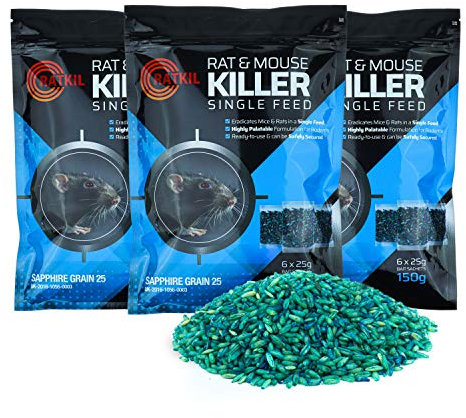 Ratkil Rat Poison & Mouse Poison Grain Bait (18 x25g) Fast Acting, All Weather, Single Feed Bait Sachets | Strongest Maximum Strength Grain For Pest Control (3 Packs)