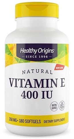 Healthy Origins, Natural Vitamin E, 400 UI per capsula, 180 Capsule morbide, Testato in Laboratorio, Senza Glutine, Non OGM, Vitamina E come tocoferolo