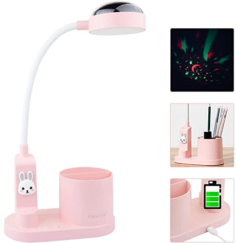 Hacevida Pink Kids Rabbit Lamp with Star Projector/3 Brightness Levels/Pen Holder, 2000mAh Rechargeable Led Table Desk Lamp for Home Office Dorm Working Reading Study, Ideal Birthday Christmas Gifts