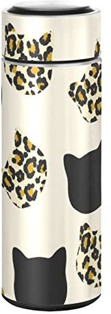 CaTaKu Kleine Wasserflasche, 340 ml, Leoparden-Katzenkopf, isolierte Wasserflasche für Wasser, Kaffee, Tee, Edelstahlflasche, Thermosflasche, wiederverwendbar, breite Öffnung, Vakuum-Reisebecher