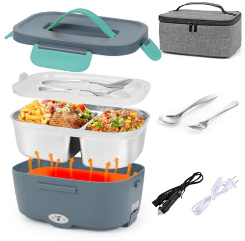 WolinTek 80W Porta Pranzo Riscaldabile, Scaldavivande Elettrico Portatile 3 in 1 12V/24V/220V, 1.5L Contenitore Riscaldante Cibo, Adatto per Auto, Camion, Ufficio e Campeggio