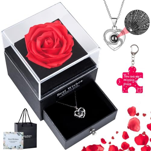 Coffret Eternelle de Roses avec Bijoux, Collier et Porte-cles Offert pour Saint Valentin, Anniversaire, Mariage, Mère