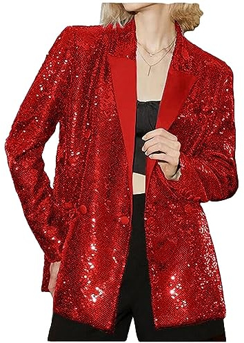 Women's Double Breasted Sequins Blazer Notch Lapel Loose Style Jacket with Long Sleeves Prom Coat Red M