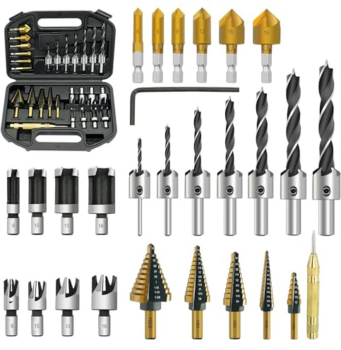 GMTOOLS 28Pcs Woodworking Chamfer Drilling Tools-Countersink Bit, Step Drill Bit Set, Wood Plug Cutter Drill Bit Set (2 Styles), 5-Flute Countersink Drill Bit, Positioning Punch and 1pc Hex Wrench