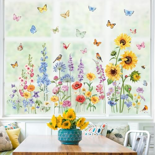 decalmile Fensteraufkleber Blumen Frühling Sommer Fenster Abziehbilder Blumenwiese Wildblumen Sonnenblume Vögel Anti-Kollision Fensterfolie Glas Fensterdeko Aufkleber