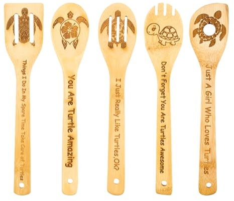 TULUNAYN 5-teiliges Bambus-Kochlöffel-Set, Schildkrötenmotiv, Küchengeschirr, Geschenk für Frauen, Männer, Hochzeit, Einzug, 30 cm