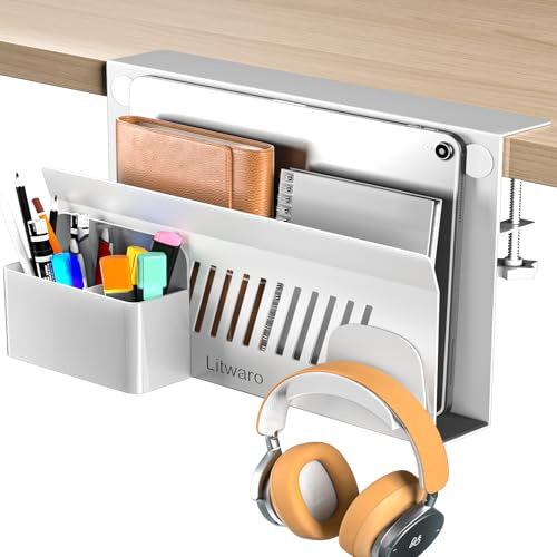 Litwaro Organizador de escritorio lateral con abrazadera, sin taladros, con soporte magnético para bolígrafos, borde plano de 1 a 5,3 cm (blanco)