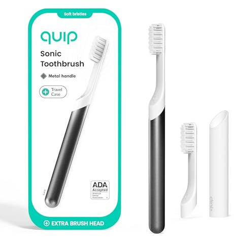 Quip Metal Sonic Electric Toothbrush for Adults - Time Travel & Soft Bristles with Travel Case & Replacement Brush Head - 3 Month Battery Life, Slate