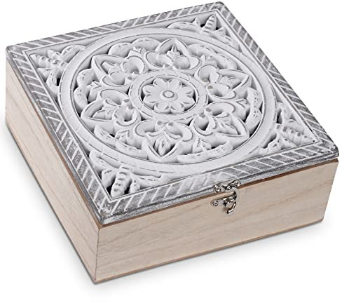 QILICZ Tea Box, Wood Tea Bag Holder, Rustic Tea Caddy Chest,Tea Bag Organiser Tea Storage Box with Unique Floral 9 Compartments for Home Tea House