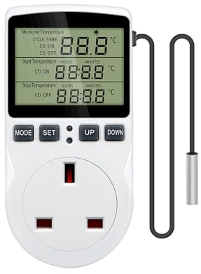 Digitaler Temperaturregler, LCD Bildschirm Heizung Kühlung Thermostat Steckdose für Reptilien Inkubator Gewächshaus Brauerei Kühlschrank (UK Stecker)