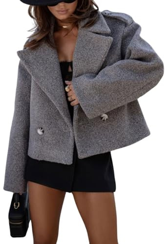 CHARTOU Women Crop Pea Coat Wool Blend Office Work Lapel Collar Short Winter Jacket Trench Coat, Grey, Large