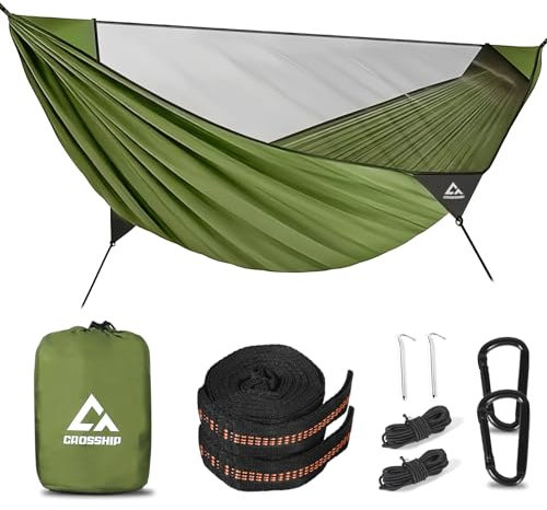 CROSSHIP Campinghängmatta med myggnät, hängmatta för 2 personer, bärbar, fallskärmsnylon för inomhus, utomhus, vandring, backpacking, trädgård, strand, resor (höjd upp till 500 pund)