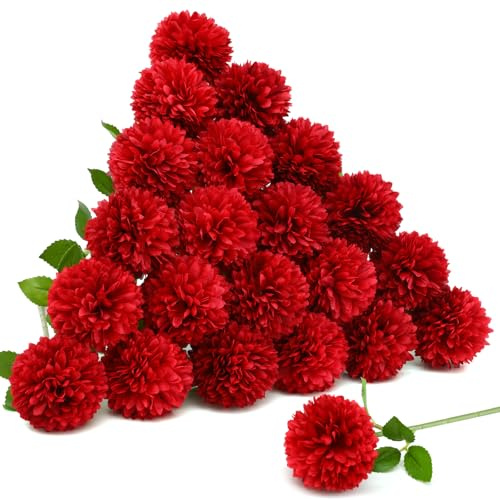 Floweroyal 24pcs Artificial Chrysanthemum Ball Flower, Fake Mums Silk Hydrangea Bridal Wedding Bouquet for Home Garden Party Office Coffee House Decoration (Red)