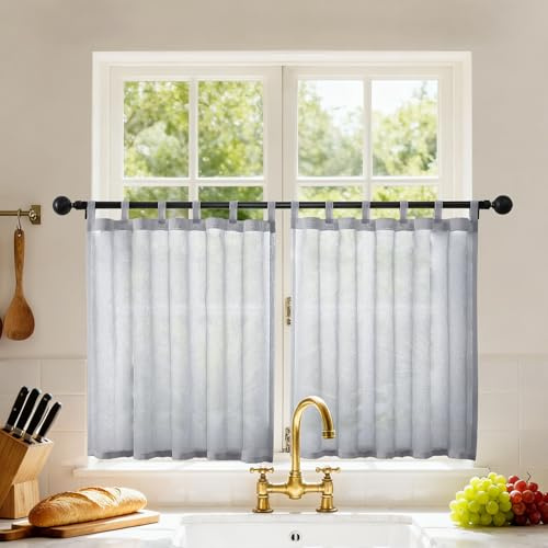 Joydeco Tende Corte per Interni in Voile con Passanti 2 Pezzi L 60 X A 45 CM, Tende Semitrasparenti Moderne per Finestre Piccole Della Cucina, Grigio Blu