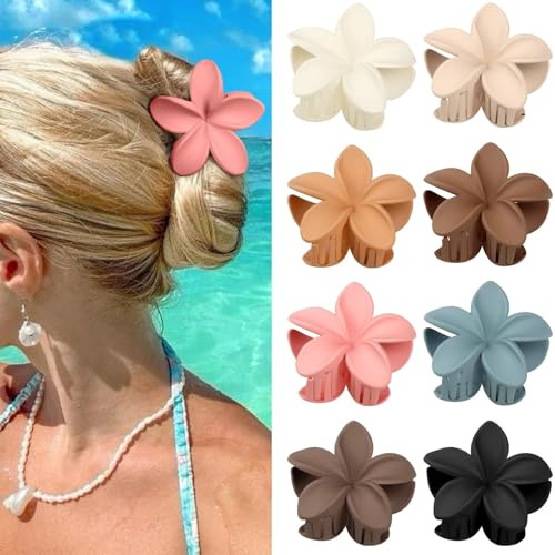 Kavya Blumen Haarklammern Groß, 8 Stück Haarspangen Damen Rutschfest Hibiskus Haarklammern Matt Flower Hair Clip Hawaii Haarschmuck Geschenk für Mädchen Damen Dickes Dünnes Haar
