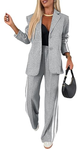 CHICME Womens Two Piece Outfits Striped Side Button Blazer and Pants with Pockets Sets Business Casual Pant Suits Set-lga-S Light Gray
