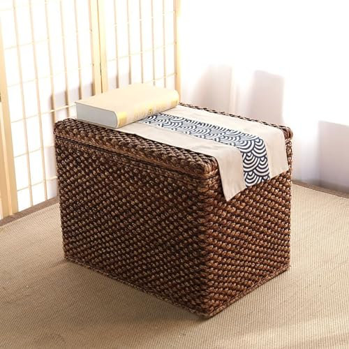 DECAKE Rustikale Korbtruhe im Bauernhausstil, Sitzbank mit Aufbewahrung aus Rattan, Ottomane mit Aufbewahrung aus gewebtem Seegras, Sitztruhe am Fußende des Bettes, Fußhocker aus Holz für