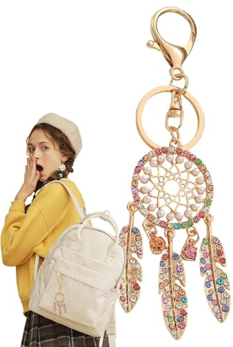 Qkbuza Drömfångare nyckelringar – drömfångare berlock med strass, mode fjäderberlock, lyckoprydnad för kvinnor och flickor, färgrik, Refer to description