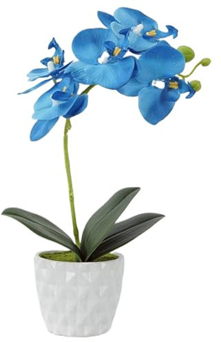 CUCUFA Blue Orchid, Blue Orchid Artificial Flowers in White Pot 11.4x7.1 Inch, Silk Artificial with Ceramic Pot, Bonsai for Home