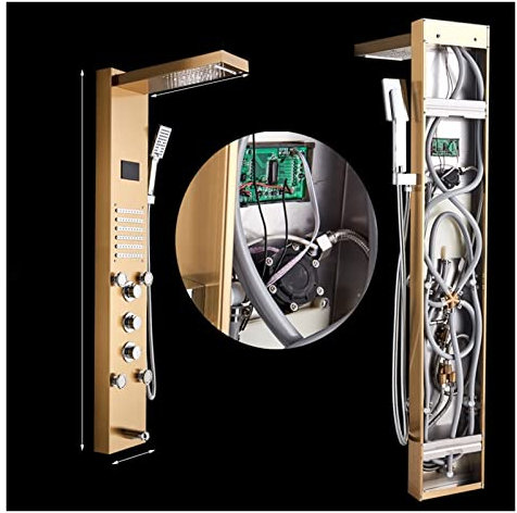 Panneau de douche, Panneau de douche doré lumière LED salle de bain bain colonne de douche tour écran numérique cascade pluie douche mélangeurs rotation Jets de Massage