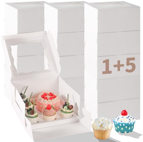 PFAMKEER Bento Cake Box With Cupcakes, Clear Window 6 Holes Bento Combination,6 Sets: Cookie Boxes Fit 5 Regular Cupcake and Mini Cakes, Christmas Wedding Birthday Party (White/clear, 1+5/6pcs)