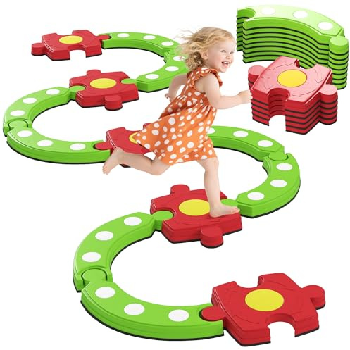 AIYAPLAY 13 PCS Kids Balance Beam, Stepping Stones Set with Non-slip Textured Surface & Bottom, Outdoor Indoor Sensory Toys, Obstacle Course for Toddlers Ages 3-8, Green
