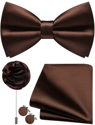 Ailisus Mens Brown Bow Tie and Pocket Square Cufflinks Lapel Pin Set Silk Pre-tied Bowtie Adjustable Wedding Party Business